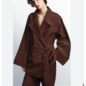 Zara Womens Suede Leather Trench Coat Jacket Brown M Oversized NWT 3461/763
